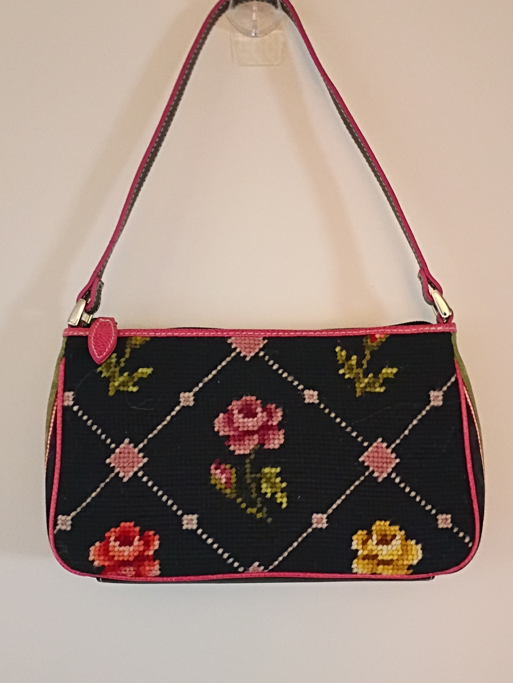 Isabella Fiore Black Needlepoint Floral Shoulder Bag with Pink Trim